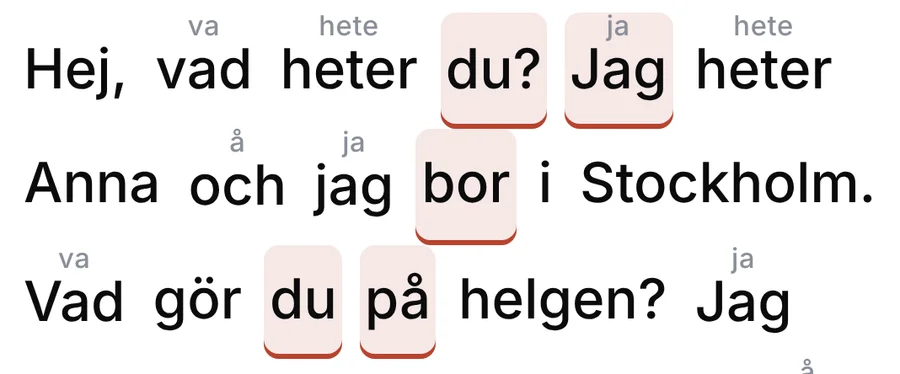 A clip in Kuulo: spoken forms above the words, missed words marked.