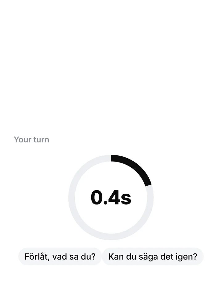 The answer timer at 0.4 seconds, with rescue phrases like “Förlåt, vad sa du?”.