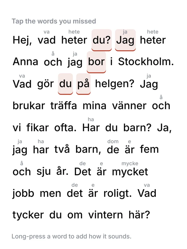 A clip's text with spoken forms above the words and missed words marked red.