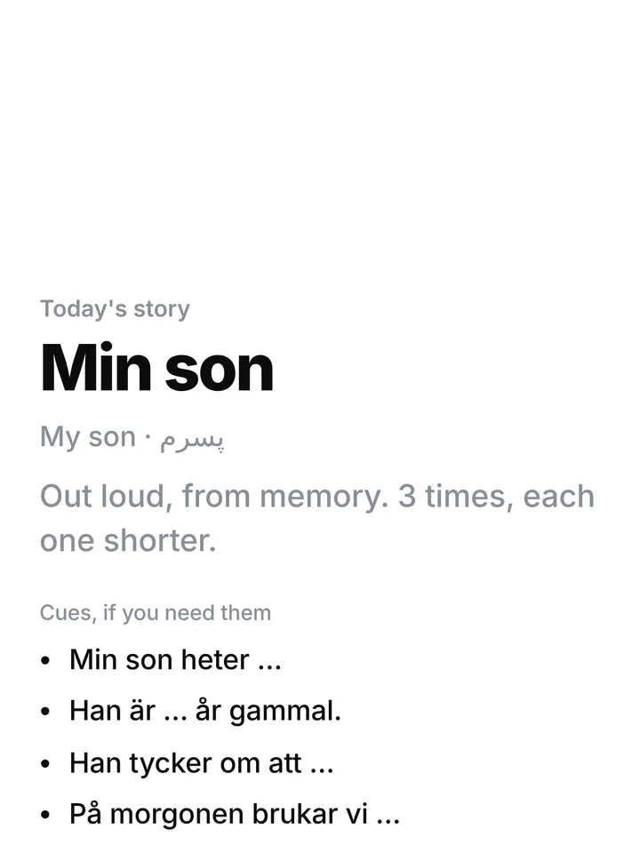 Today's story, “Min son”, with cues to help you start.