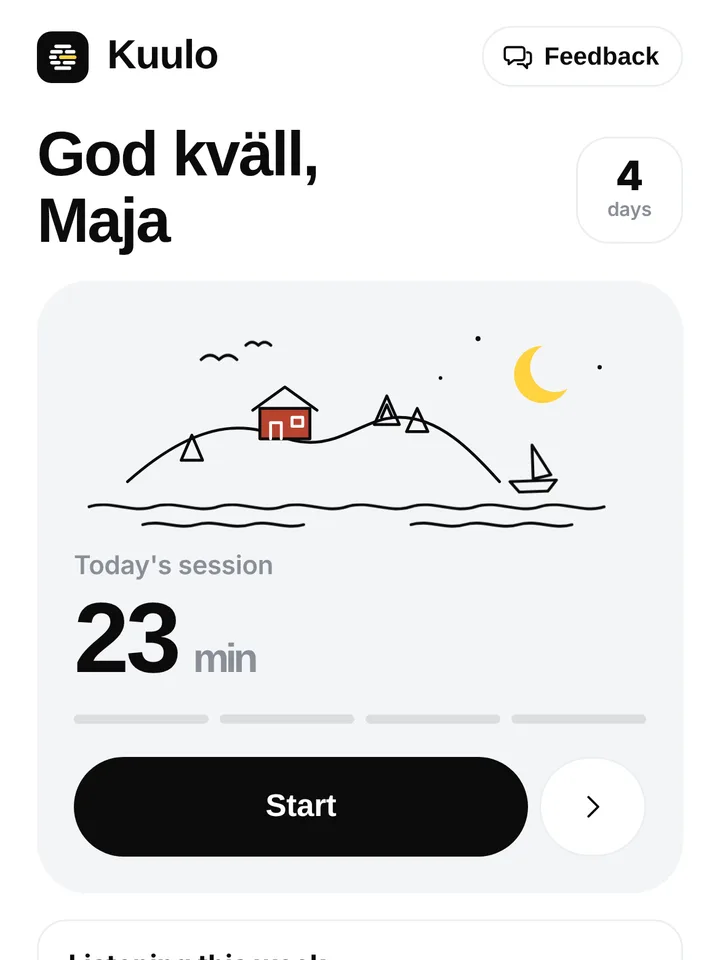 Kuulo's Today screen with a 23-minute session and a Start button.